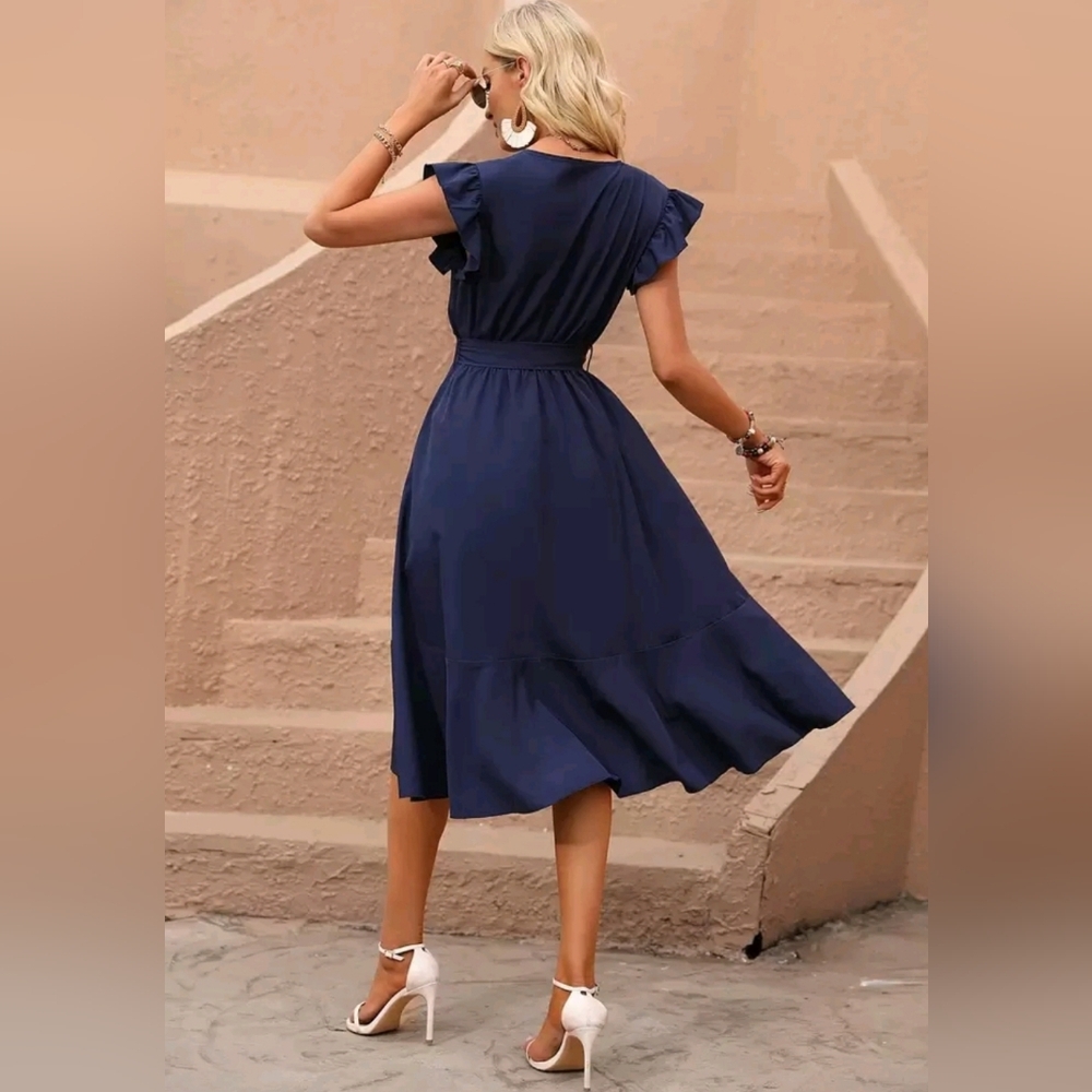 New Flowy Ruffle Wrap Dress Belt High Low Short Sleeve Navy Blue